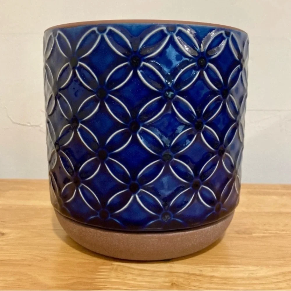 6 Inch Blue Planter Ceramic Pot Cobalt Embossed Floral Pattern Inline Saucer NWT